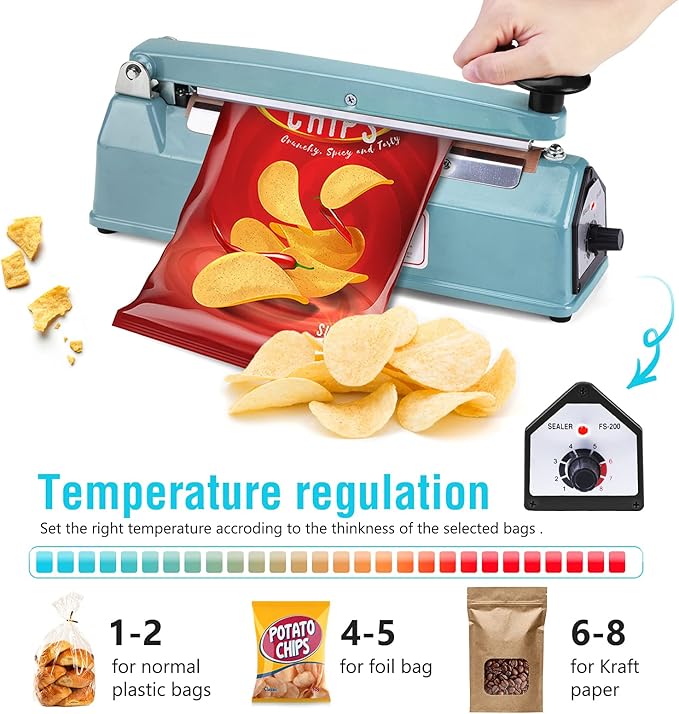 METRONIC Impulse Sealer 8 inch, Manual Heat Sealer Machine for Plastic Bags, Shrink Wrap Bag Sealers Heavy Duty Sealing Machine With Repair Kit (Blue)