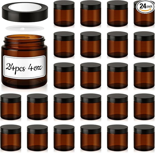 4 oz Glass Jars with Lids, 24 Pack Amber Small Glass Jars with Black Lids Leakproof Round Airtight Empty Cosmetic Travel Containers with Inner Liners For Lotions Powders and Candle Making