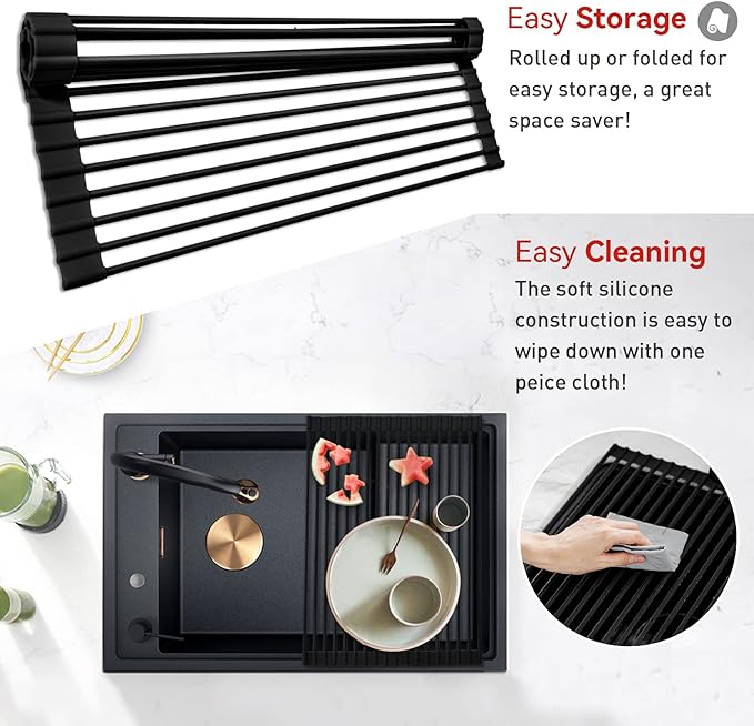 MERRYBOX 20.5" x 13" Roll Up Dish Drying Rack Silicone Wrapped Over The Sink Dish Drying Rack Multipurpose Foldable Sink Drying Mat, Heat-Resistant & Anti-Rust Dish Rack for Kitchen Sink, Large, Black