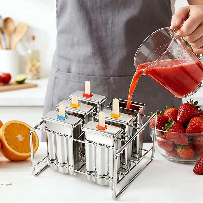 Popsicle Molds Set 6 Pieces Stainless Steel Ice Popsicle Maker, Homemade Popsicle Molds with 50 Sticks, 20 Bags, 14 Silicone Seals, 1 Cleaning Brush & 1 Stand, DIY Ice Pop Mold Maker for Kids (Square)