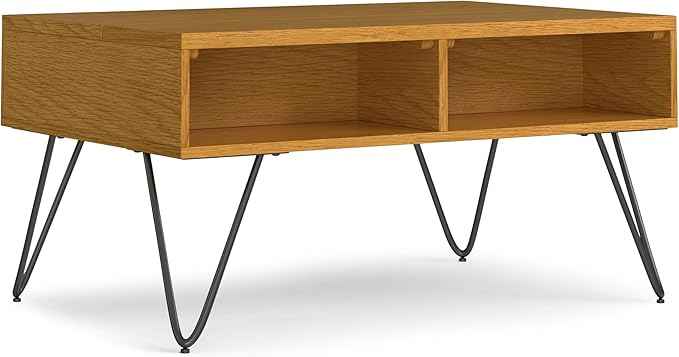SIMPLIHOME Hunter Small Lift Top Coffee Table - 36 inch Wide Oak Veneer and Metal Industrial Cocktail Table in Oak, Living Room Table with Hidden Storage, 2 Cubbies, and Hairpin Legs