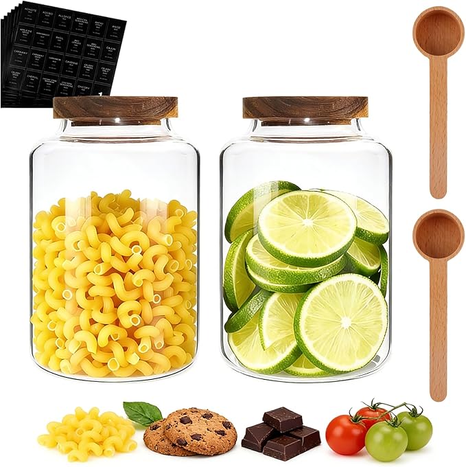 66oz Large Glass Storage Jar with Wooden Lids Spoons Labels Glass Coffee Ground Canister Borosilicate Glass Sugar Flour Container for Cookies Spice Rice Tea(2000ml/67oz-2 pack-with scoop)