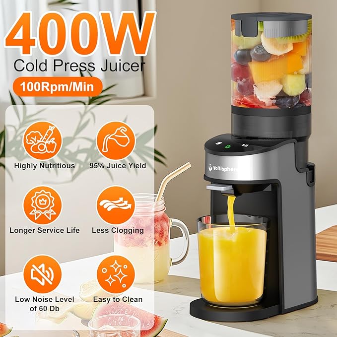 Cold Press Juicer,400W Juicer Machines,4.9"Wide Feed Chute Slow Masticating Juicer for Whole Vegetables & Fruits,High Juice Yield,Easy to Clean,Advanced Touch Sensing Switch(Silver Gray)