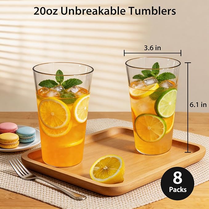 Freshmage 20oz Unbreakable Drinking Glasses (Set of 8), All-Clear Reusable Drinking Cups, BPA-Free, Shatter-Proof, Microwave Safe, Stackable Plastic Tumblers for Home, Outdoor, Camping, Pool