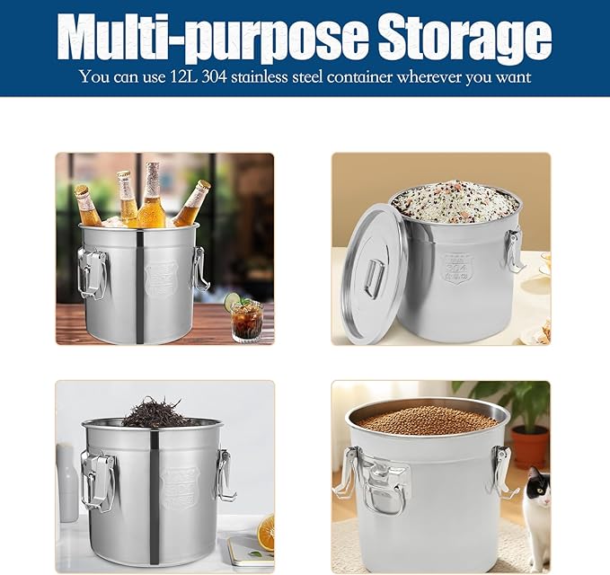 304 Stainless Steel Airtight Canister, 3.17Gal/405oz/12L Airtight Food Storage Container with Lid Lock Clips, Flour Container Metal Bucket Food Storage Container for Rice, Flour, Grain, Coffee Bean