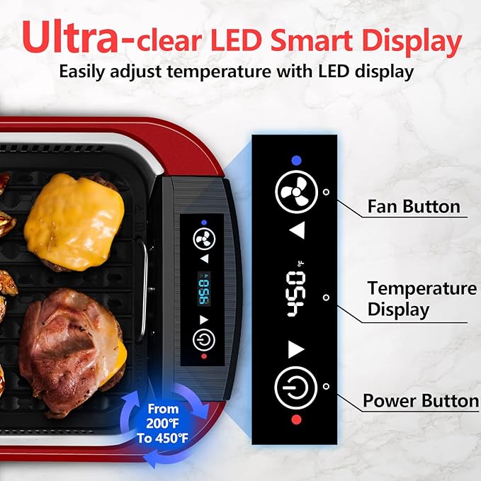 Indoor Grill, CUSIMAX Smokeless Grill Indoor, Electric Griddle, 1500W Korean BBQ Grill with LED Smart Display & Tempered Glass Lid, Non-stick Removable Plate & Griddle Plate, Red