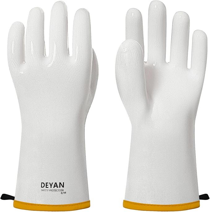 DEYAN Silicone BBQ Gloves - 600°F Heat Resistant Oven Mitts for Grilling, Smoking & Baking - Waterproof, Oil Proof Non-Slip Kitchen Gloves for Cooking, Frying, BBQ Accessories (White, 10/XL)