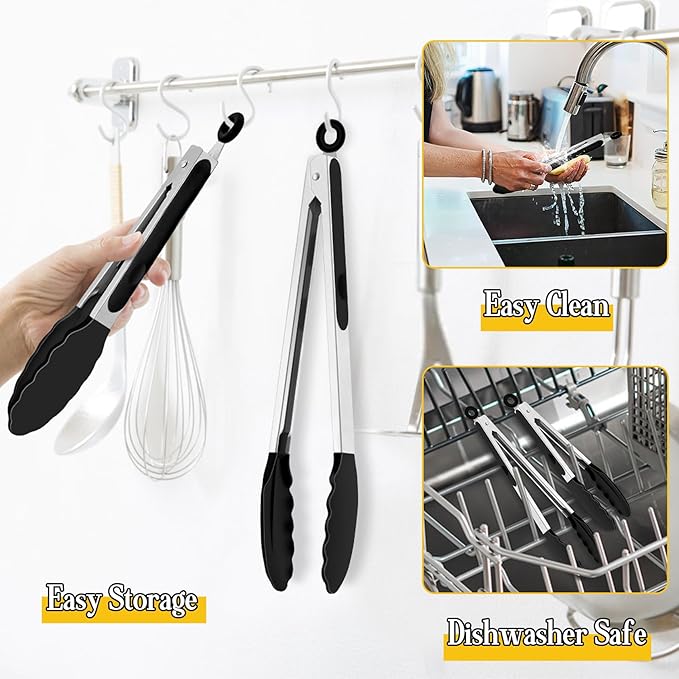 TeamFar Kitchen Tongs, 9" and 12" Stainless Steel Cooking Tongs with Silicone Tips for Cooking Grilling Serving & BBQ, Heat Resistant Silicone Tongs, Locking Design & Dishwasher Safe, Set of 2 & Black