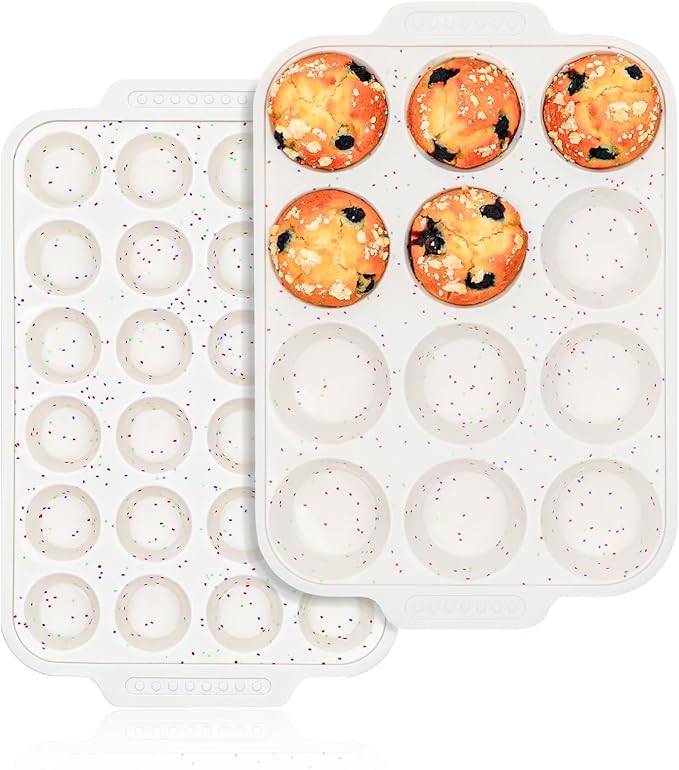 Vinino Silicone Cupcake Pan Set with Metal Reinforced Frame, Regular 12 Cup and Mini 24 Cup Muffin Pans for Baking with Non-Slip Handle, Nonstick Muffin Tray for Oven, BPA Free, Dishwasher Safe
