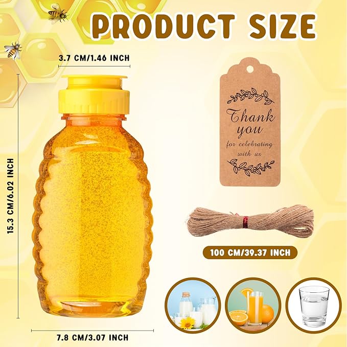Sliner 36 Set 16 oz Clear Honey Squeeze Bottle Plastic Honey Jars with Leak Proof Flip Top Lid and Thank You Tag Honey Container Empty Refillable Maple Syrup for Storing and Dispensing