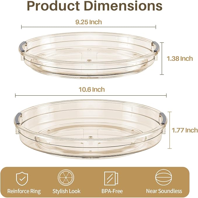 LAMU 2 Pack Lazy Susan Turntable Organizer for Cabinet, 10.6'' 9.25'' Condiment Organizer for Refrigerator, Kitchen Pantry, Medicine Cabinet Organizer, Spices Rack Organization, Bathroom, Amber