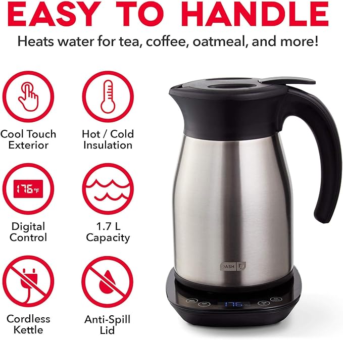 Dash Insulated Electric Kettle, Cordless Hot Water Kettle - Stainless Steel, 57oz/1.7L