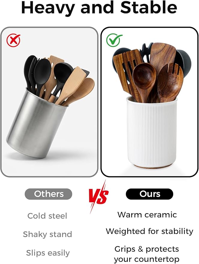 LoeJan 6.7" Utensil Holder, Ceramic Kitchen Utensil Holder with Cork Bottom, Large Utensil Crock for Countertop, Vintage Cooking Tool Organizer Set for Kitchen Counter Decor(White)