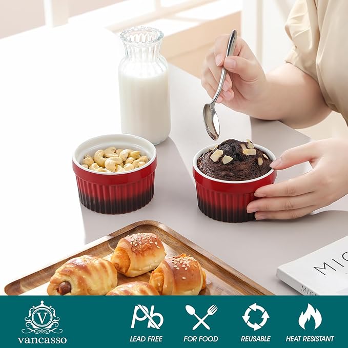 vancasso 6 oz Ramekins with Lid, Porcelain Creme Brulee Souffle Dishes, Red Pudding Custard Cups Ramiken for Baking, Dishwasher and Oven Safe, Set of 6