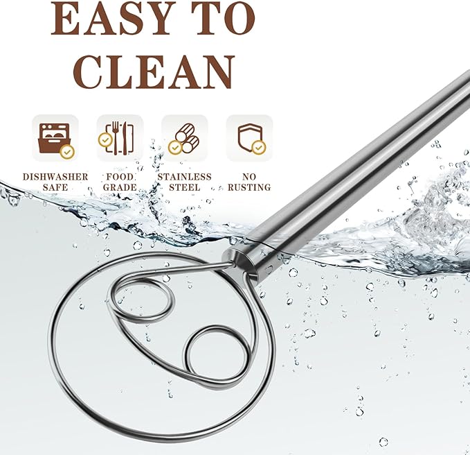 TEEVEA Danish Dough Whisk Stainless Steel Hook Dutch Bread Mixer for Sourdough Baking Tools