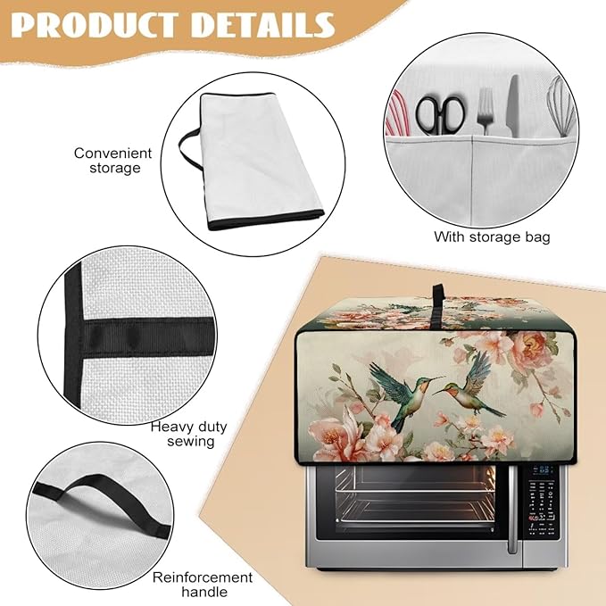 Air Fryer Toaster Oven Dust Cover Washable Fabric Countertop Microwave Smart Oven Cover for Kitchen Countertop Decor, M, 16.5 x 20.5 x 10 inches, Hummingbird Floral Pattern