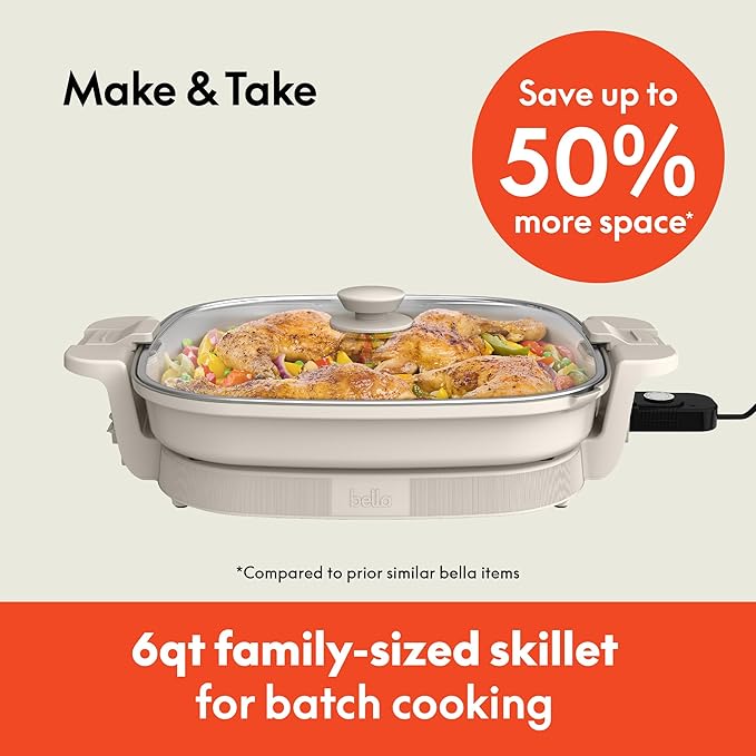bella Make & Take XL Electric Skillet, Fits-anywhere™ kitchenware, EverGood™ Ceramic Coating, Adjustable Temperature & Dishwasher-Safe Tempered Glass Lid, Cast Aluminum Base, 1200 Watt, Oatmilk