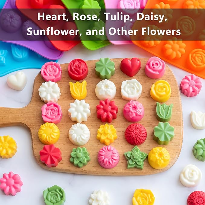 6 Pack Flower Shape Chocolate Candy Molds Silicone, Food-Grade Non-Stick Jelly & Baking Molds, Crayon Molds, BPA-Free, Including Heart, Rose, Tulip, Daisy, Sunflower, and Other Flowers (Multicolor)