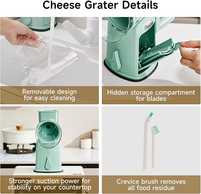 Rotary Cheese Grater Hand Crank, 5 in 1 Mandoline Vegetable Slicer - 5 Sets of Blades,Strong Suction Base&Easy to Clean - Kitchen Cheese Grater Shredder with Handle for Fruit,Vegetable,Nuts