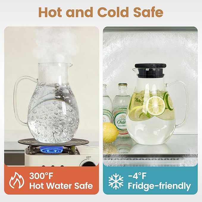 Glass Pitcher with Lid, 68 oz(1/2 Gallon), Hot/Cold Glass Water Jug with Silicone Lid, Borosilicate Glass Carafe Wide Mouth Juice and Iced Tea Beverage Serveware (Round)