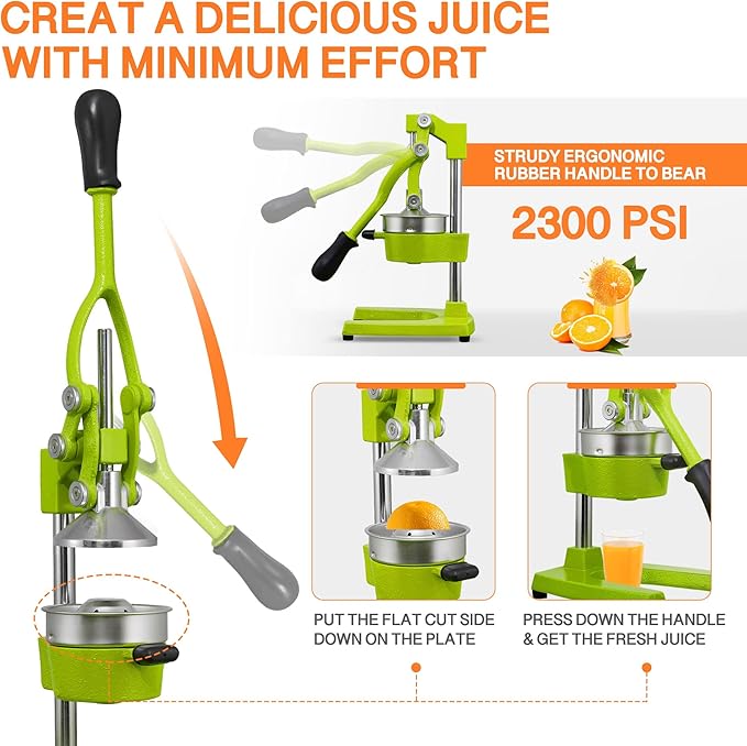 Commercial Heavy Duty Cast Iron Hand Press Manual Orange Citrus Lemon Lime Grapefruit Pomegranate Fruit Juice Squeezer Machine with Stainless Steel Cup Green