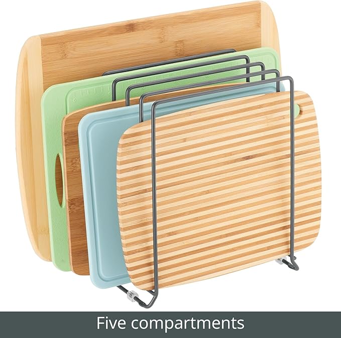 mDesign Pot Lid and Pan Rack — Metal Wire Rack for Cabinets, Pantries or Kitchen Surfaces — Freestanding Pan Stand with 5 Slots for Pans, Pots, Lids and Crockery — Dark Grey