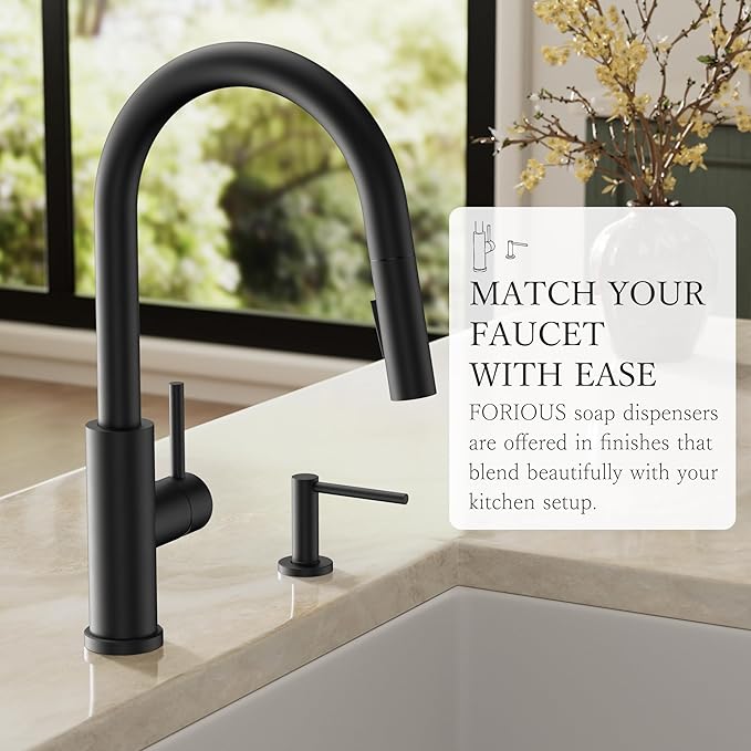 FORIOUS Soap Dispenser for Kitchen Sink, Black Stainless Steel Liquid Dish Soap Dispenser Pump with Top Refill 17oz Soap Bottle, Built in Sink Lotion Dispenser for Kitchen Countertop