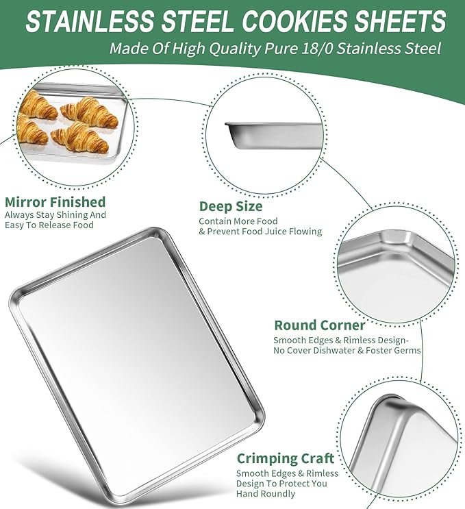 Baking Sheets Set of 2, HKJ Chef Cookie Sheets 2 Pieces & Stainless Steel Baking Pans & Toaster Oven Tray Pans, Rectangle Size 16 x 12 x 1 inch, Non Toxic & Healthy & Easy to Clean