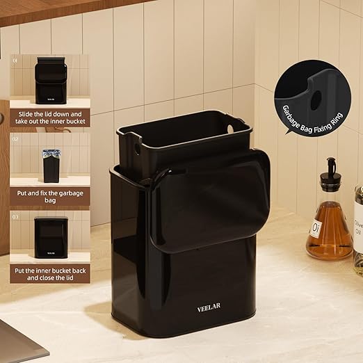 Hanging Stainless Steel Trash Can, 1.6 Gallon /6L Small Compost Bin for Kitchen Cabinet, Bathroom or Office (Black)