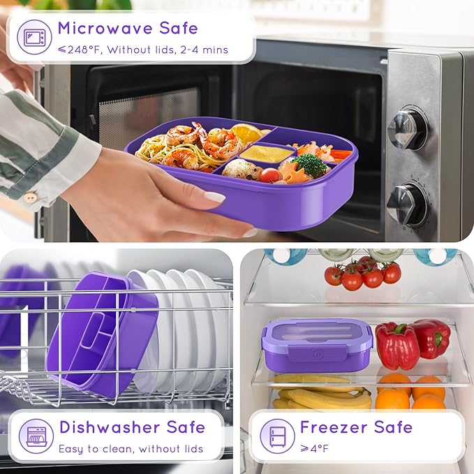 Lunch Box Kids Adult Bento Box Bento-Style Lunch Box 1300ml Ideal Portion Size Leak Proof for Teens Toddlers, BPA Free Lunchbox Containers for School Work Picnic (Purple)