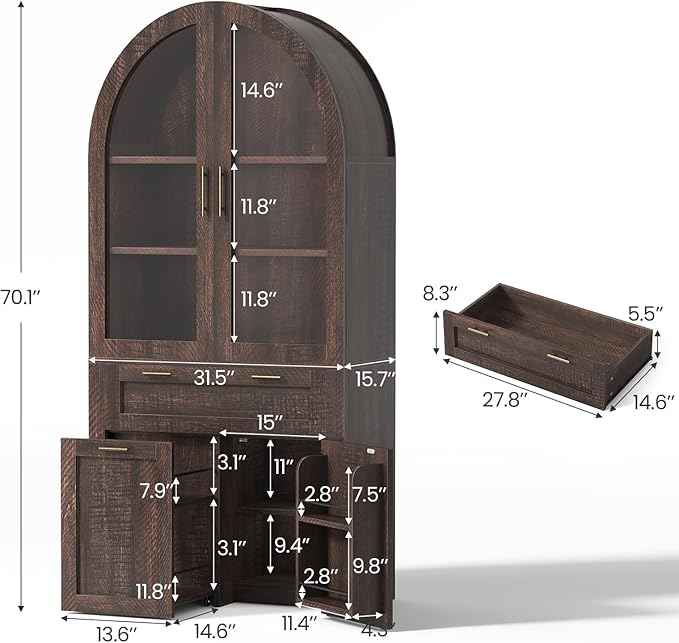 Itaar 71" Arched Kitchen Pantry Cabinet, Kitchen Storage Cabinets with 1 Large Drawer & Storage Cart 2 Tier & Door Shelves for Living Room, Dining Room, Brown