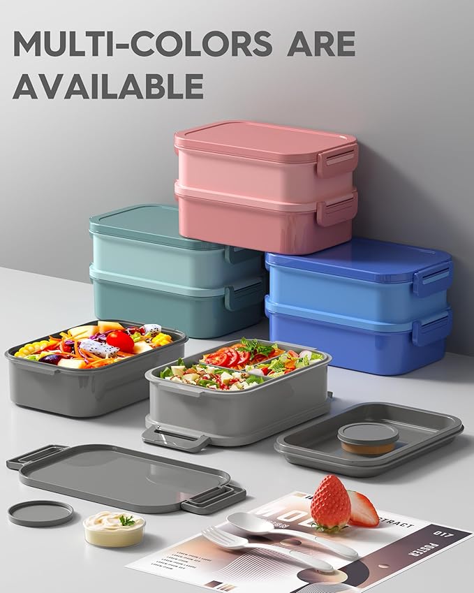 KEMETHY Adults Bento Lunch Box Set with Thermo Bag, 74oz Stackable Leak-proof 3-tiers Bento Box, Built-in Utensil and Sauce Container for Work, School, Dining Out (Gray)