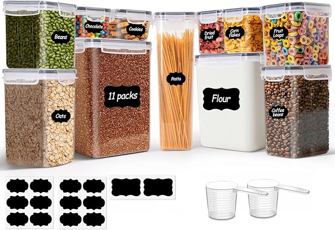 ComSaf Airtight Food Storage Containers with Lids, 11 Pcs Canisters Sets for the Kitchen, Plastic Pantry Organizers and Storage for Cereal, Flour, Sugar,Kitchen Storage Containers Include Labels
