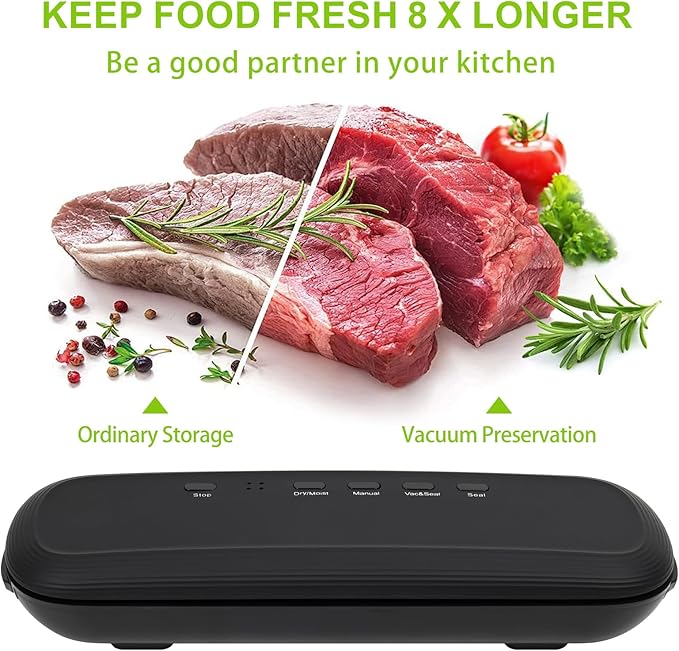 Vacuum Sealer Machine, Food Vacuum Sealer Machine with Build-in Cutter, Compact Design with External Vacuum System with 10 Seal Bags Kit, Dry Moist Fresh Modes (Black)