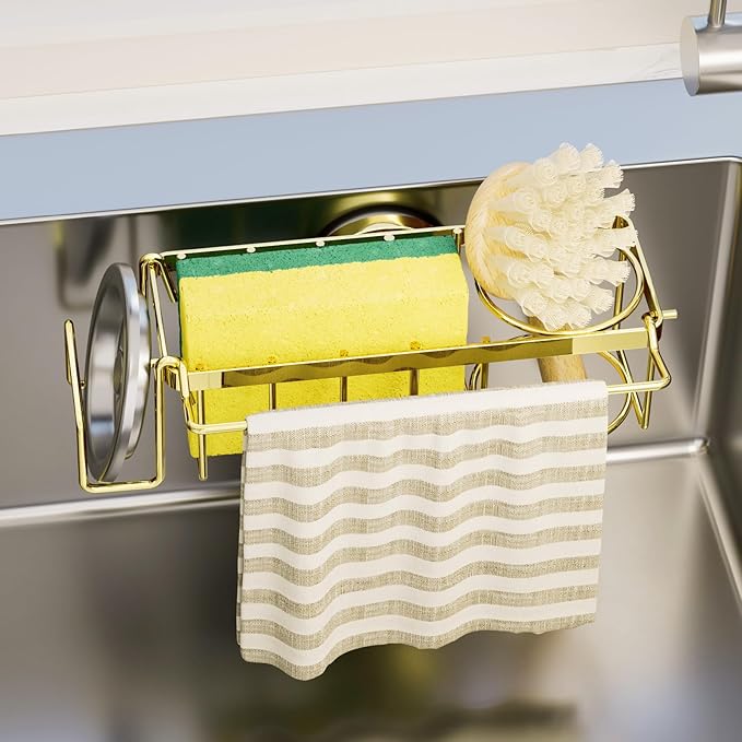 TAILI 4-in-1 Sponge Holder for Kitchen Sink with Strong Suction Cup Removable, Rustproof Stainless Steel Sink Caddy for Sponge, Brush, Scrubber, Scraper -Gold