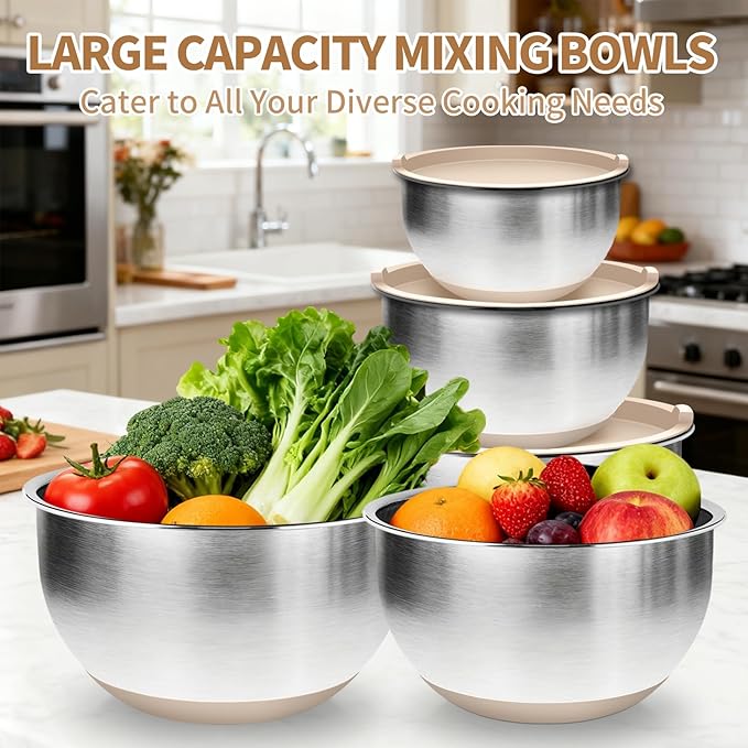 Deedro Premium Mixing Bowls with Airtight Lids Set, 22Pcs Thicker Stainless Steel Mixing Bowl Set, Large Prep Metal Bowls, Non-Slip Silicone Base Nesting Bowls for Kitchen, 1.5/2/3/4/5 QT, Khaki