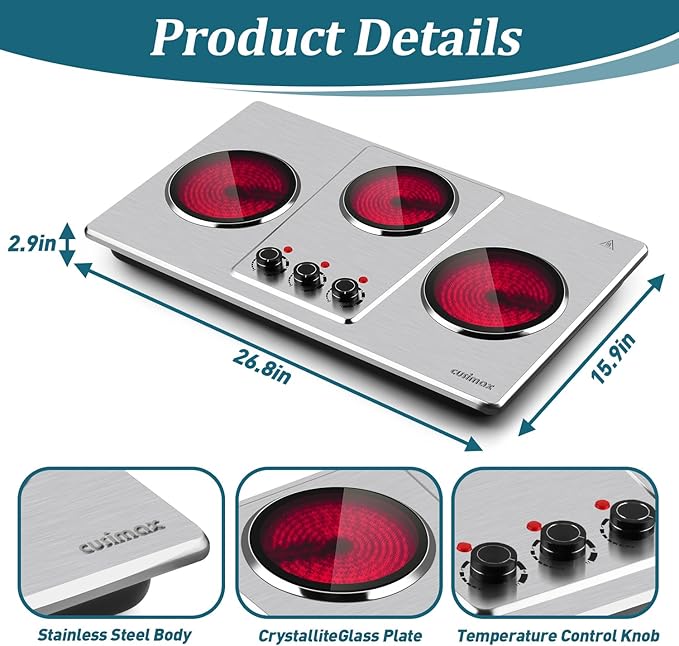 Cusimax Hot Plate Electric,Countertop Infrared Triple Burner with 7″ Ceramic Glass Cooktop,Electric Hot Plate for Cooking,11 Level Temperature Setting