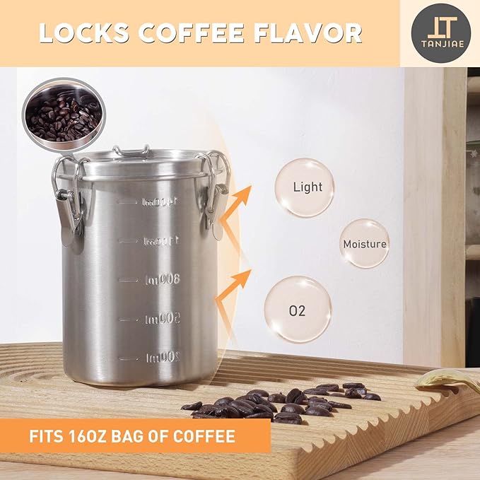 Tanjiae Stainless Steel Coffee Canister | 100% Airtight Metal Food Storage Container with Lid Sealed - Keep Coffee Beans, Sugar, Tea Fresh for Months (56 fl oz)