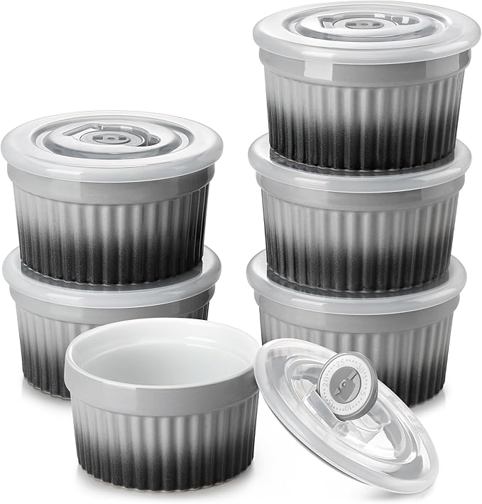 vancasso 8 oz Ramekins with Lid, Porcelain Creme Brulee Souffle Dishes, Grey Pudding Custard Cups Ramiken for Baking, Dishwasher and Oven Safe, Set of 6