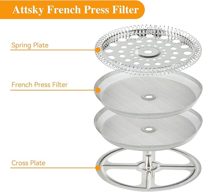 8 Pieces French Press Replacement Parts Stainless Steel Set, 6 Pieces 4in Universal French Press Screen, Containing Spiral Disk and Cross Disk for 34oz/3.75 Inch Wide French Press Coffee Press
