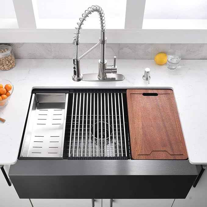 33 Inch Black Farmhouse Kitchen Sink Workstation - VOKIM 33x22 inch Flat Apron Front Farmhouse sink 16 Gauge Stainless Steel Single Bowl Farm Kitchen Sink