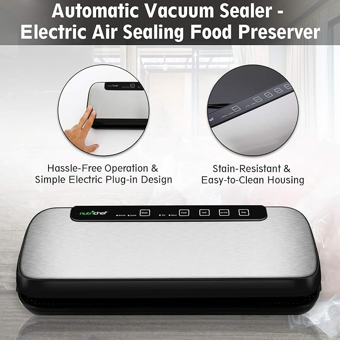 NutriChef Stainless Steel Vacuum Sealer For Food - High-Power Machine with Adjustable Suction, Dry & Moist Modes, LED Lights, Bags, Wine Stopper & Hose, Easy Plug-in Design, Lab-Tested Food Storage