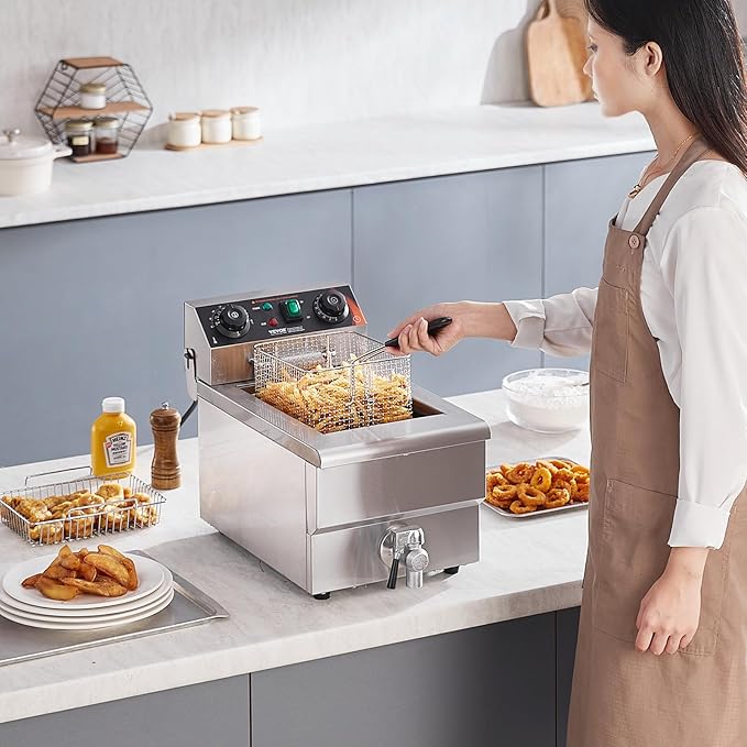 VEVOR Commercial Deep Fryer, 1500W Electric Countertop Fryer with Basket, 11.6Qt / 11L Stainless Steel Single Oil Fryer with Time & Temp Control, Overheat Protection, for Kitchen Restaurant Use