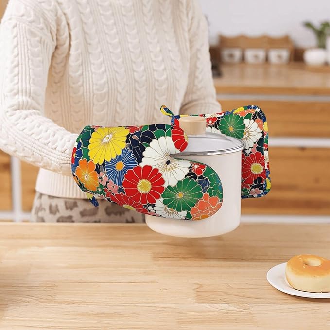 Oven Mitts and Pot Holders Flower Ethnic Art Pattern Silicone Kitchen Accessories Set of 4 Heat Resistant Long Gloves Potholder Non-Slip Grip for Chef Cooking Baking Grilling BBQ