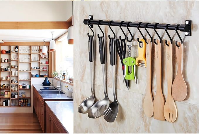 WONMILLE Gourmet Kitchen Utensil Rack with 6 Hooks, Wall Mounted Rail Wrought Iron Hanging Utensil Holder Rack with Removable S Hooks 16 Inch (Black-6 Hooks)