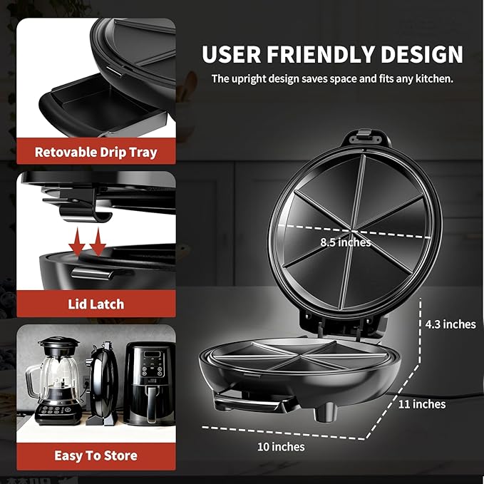 Electric Quesadilla Maker, 9.5'' Quesadilla Press with Easy Slice 6 Wedge, Non Stick Surface, Locking Latch For Extra Stuffing, Grilled Cheese Corn Flour Tortilla Snacks