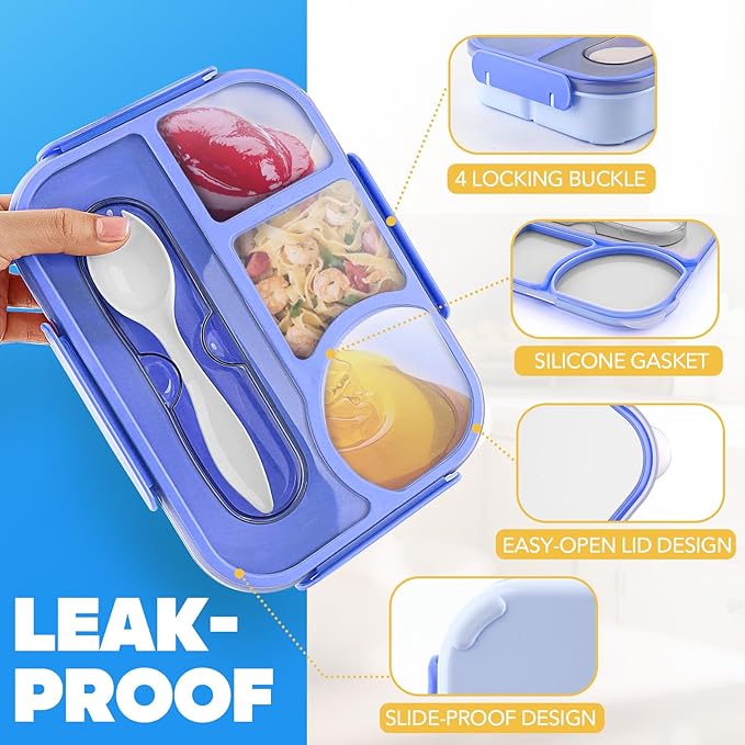 EASYFUN Bento Box Adult, Lunch Box, 4-Compartment Lunch Containers, Drop-Proof, Dishwasher Safe & Made with BPA-Free Materials (Blue)