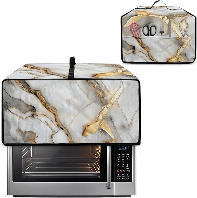 Toaster Oven Dust Cover with Storage Pockets, Protective Decorative Smart Oven Cover for for Kitchen Countertop, S, 14.5 x 18.5 x 9 Inches, White Gold Gray Marble