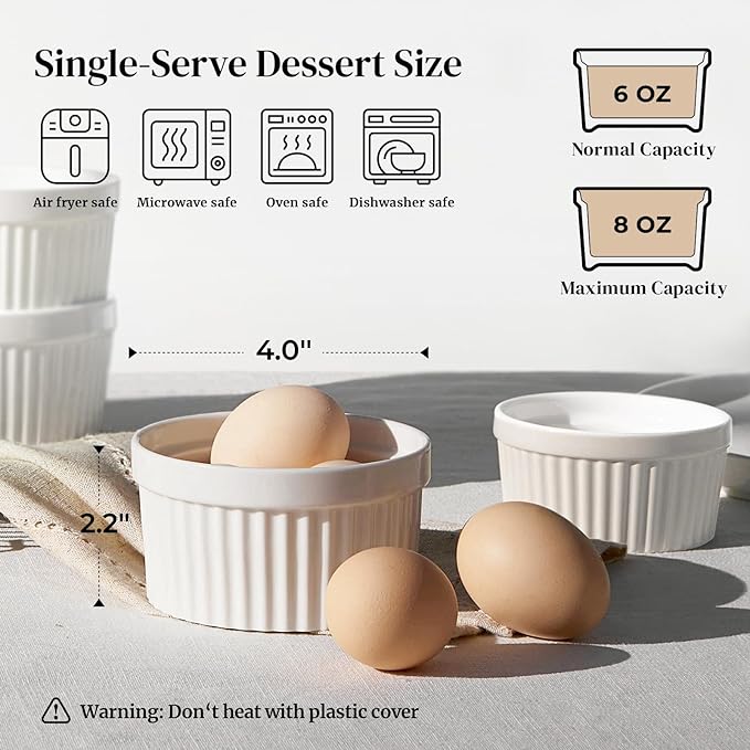 DOWAN Ramekins 8 oz Oven Safe with Lids, Creme Brulee Ramekins Bowls, Porcelain Ramiken Souffle Dishes, Custard Cups for Baking, Small Bowls for Pudding Dip Sauces Dessert, White, Set of 6