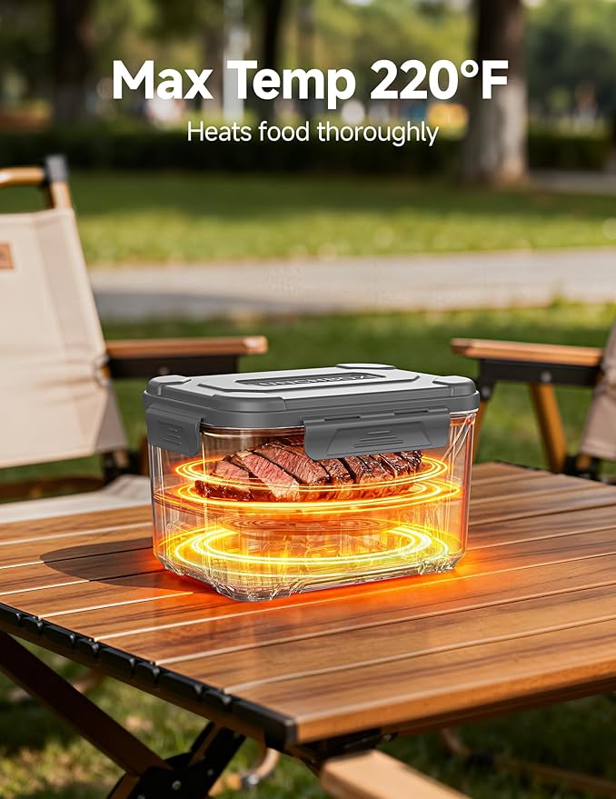 EAST OAK Heated Lunch Box for Men, Electric Lunch Box for Adults, 5.5 Cups Cordless Portable Food Warmer, Rechargeable Self Heating Food Heater with Memory Function, Automatic Keep Warm(Grey)